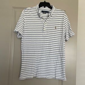 Ralph Lauren Mens White Striped Knit Oxford Short Sleeve Polo Shirt Size Large.
